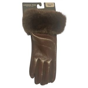 London Fog Touchscreen Women's Chocolate Leather Gloves with Faux Fur Cuff
